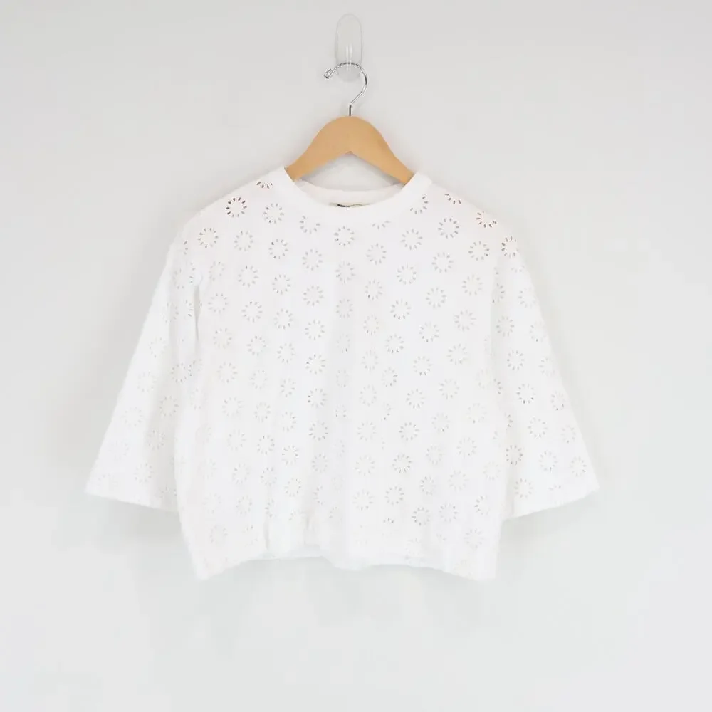 Madewell Embroidered Wide Sleeve Boxy Cotton Tee White Size Small - Picture 2 of 7